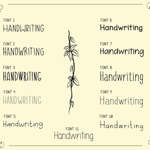 Puede incluir: Una hoja de dise&ntilde;o gr&aacute;fico con 11 fuentes manuscritas diferentes, cada una etiquetada con un n&uacute;mero de fuente. Las fuentes son todas en negro y est&aacute;n sobre un fondo amarillo claro.