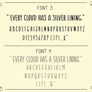 Puede incluir: Una imagen digital que muestra dos fuentes diferentes. El texto dice "EVERY CLOUD HAS A SILVER LINING." e incluye el alfabeto y los n&uacute;meros para cada fuente.