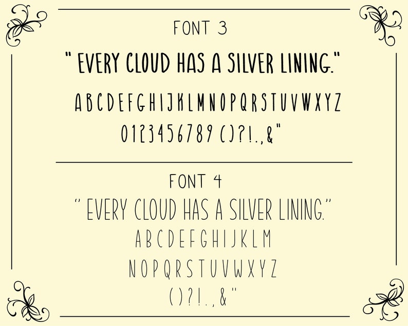 Puede incluir: Una imagen digital que muestra dos fuentes diferentes. El texto dice "EVERY CLOUD HAS A SILVER LINING." e incluye el alfabeto y los n&uacute;meros para cada fuente.