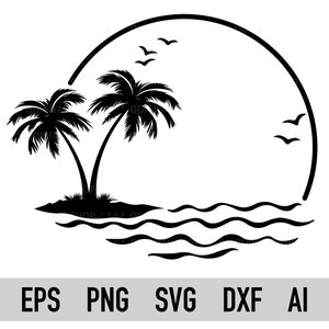 May include: Black and white silhouette of two palm trees on a beach with a half circle sun and waves in the background.