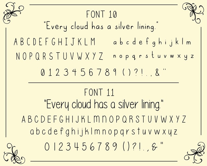 Puede incluir: Una imagen en blanco y negro que muestra dos fuentes diferentes, etiquetadas como "Fuente 10" y "Fuente 11". Cada fuente muestra el alfabeto en letras may&uacute;sculas y min&uacute;sculas, n&uacute;meros y signos de puntuaci&oacute;n. El texto "Every cloud has a silver lining." aparece en ambas fuentes.