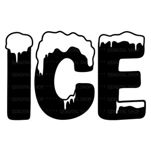 K&ouml;nnte beinhalten: Schwarzwei&szlig;es Grafik des Wortes "ICE" mit einem schneebedeckten, tropfenden Effekt. Die Buchstaben sind im Stil einer runden, cartoonartigen Form.