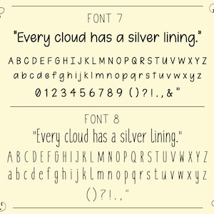 Puede incluir: Una imagen en blanco y negro que muestra dos fuentes diferentes. El texto dice "Every cloud has a silver lining." y muestra el alfabeto en may&uacute;sculas y min&uacute;sculas, as&iacute; como n&uacute;meros y signos de puntuaci&oacute;n.
