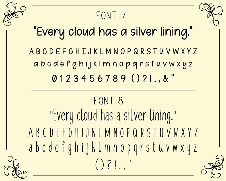 Puede incluir: Una imagen en blanco y negro que muestra dos fuentes diferentes. El texto dice "Every cloud has a silver lining." y muestra el alfabeto en may&uacute;sculas y min&uacute;sculas, as&iacute; como n&uacute;meros y signos de puntuaci&oacute;n.