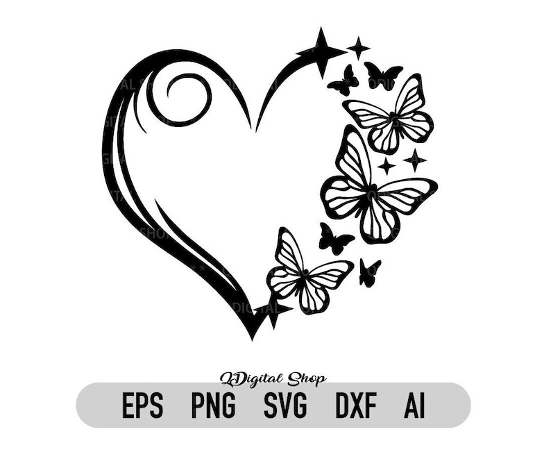 May include: Black and white silhouette of a heart with a swirl design and butterflies flying around it. The butterflies have a star-like design on their wings.