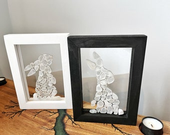 Bunnies, Easter Spring beach glass artwork, FRAMED