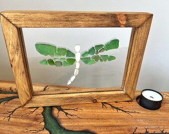 Dragonfly, Beach Glass Art, FRAMED