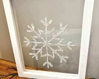 Snowflake mosaic, 8x10” FRAMED, Clear beach glass art, winter