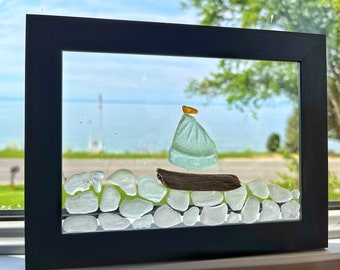 Sailboat Mosaic, Sailing Beach glass art, FRAMED