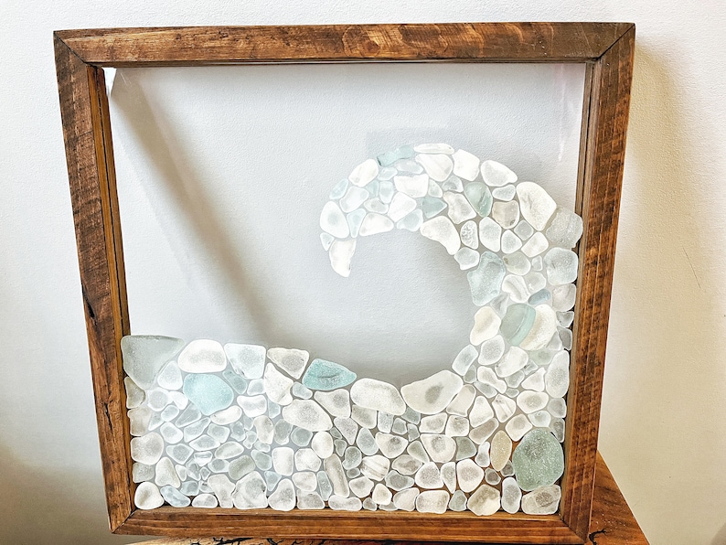 Beach Wave, Beach Glass Art, FRAMED 12x12 inches
