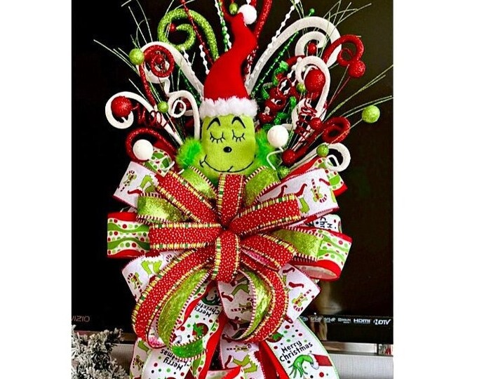 Green Monster Grinch Mas Tree Topper Bow/christmas Grinch Inspired Tree