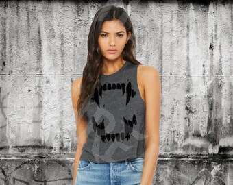 Fangs Racerback Cropped Tee, Fangs Racerback Cropped Tshirt, Fangs Racerback Tee, Fangs Racerback Tshirt, Metal Graphic Tee, Goth Fangs Tee