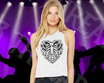 Skeleton Heart Racerback Cropped Tee, Skeleton Heart  Racerback Cropped Tshirt, Skeleton Heart Racerback Tee, Skeleton Heart  Tshirt, Heart