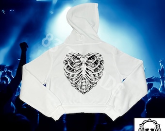 Skeleton Heart Cropped Hoodie, Skeleton Heart  Zip Up Cropped Hoodie, Skeleton Heart Zip Up Hoodie, Metal/Rock, Metalcore, Goth Hoodie