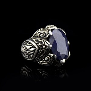 Handcrafted Sapphire Ring Men, Engraved Blue Sapphire Gemstone Ring for Men, Sterling Silver Statement Ring, Gift for Him, Father&#39;s Day Gift
