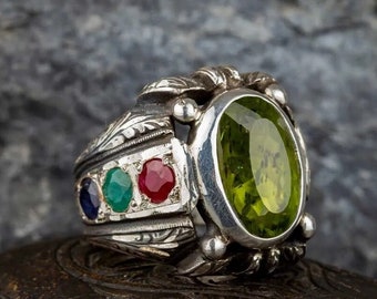 Large Peridot Stone Mens Ring, Natural Multi Stone Ring, Engraved Sterling Silver Ring Men, Gemstone Ring, Gift for Him, Father's Day Gift