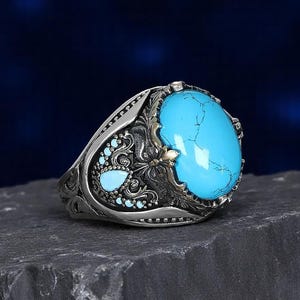 Turquoise Men Silver Ring,  Engraved  Traditional Ottoman Blue Gemstone  Jewelry, 925 Sterling Silver Ring,  Gift for Him, Father&#39;s Day Gift