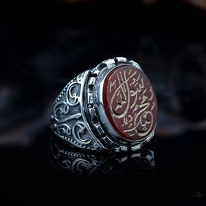 Sterling Silver Mohammad Rasool Allah Red Agate Ring, Engraved Mohammed Rasool Allah Ring, Handmade İslamic Silver Ring, Muslim Dad Gift