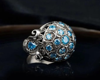 Aquamarine Silver Ring Men, Handmade Ottoman Statement Jewelry,  Aquamarine 925 Sterling Silver Ring, Gift for Him, Father's Day Gift
