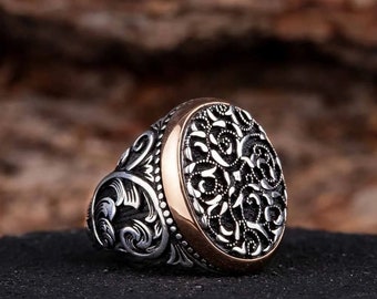 Sterling Silver Men Ring, Handmade Ring for Men, Engraved Ottoman Sign Ring, Silver Large Ring, Unique Ring, Gift for Him, Father&#39;s Day Gift