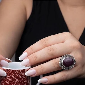 Handcrafted Sterling Silver Ring with Oval Ruby Gemstone,Vintage-Inspired Floral Design, Unique Birthstone Jewelry Gift for Her