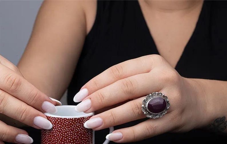 Handcrafted Sterling Silver Ring with Oval Ruby Gemstone,Vintage-Inspired Floral Design, Unique Birthstone Jewelry Gift for Her