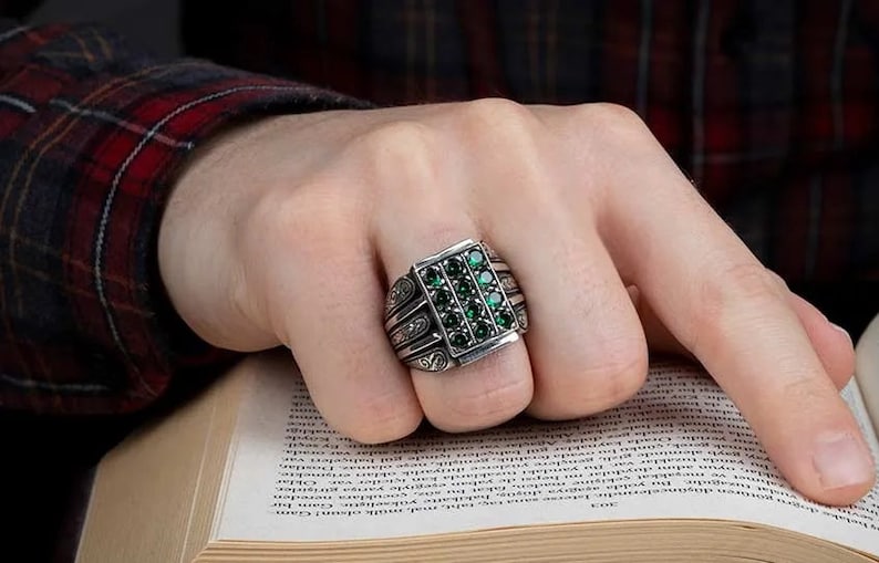 Exclusive Handcrafted 925 Sterling Silver Ring with Green Zircon Stones ,Elegant Vintage Bohemian Style,Unique Gift For Her,Gift For Him