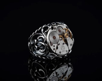 Men&#39;s Silver Steampunk Ring, Handcrafted Watch Style Ring, 925 Sterling Silver Ring, Gift for Him, Dad Gift, Father&#39;s Day Gift