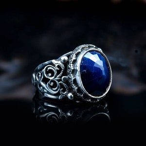 Silver Blue Sapphire Ring for Men, Round Cut Ottoman Style Sapphire Stone,  925 Sterling Silver Ring, Gifts for Him, Father&#39;s Day Gift