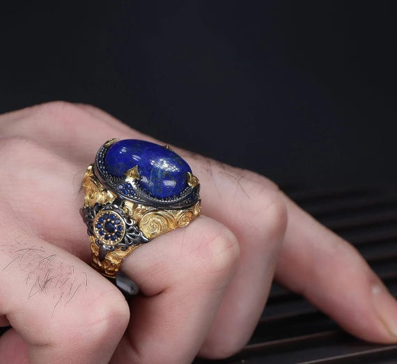 Antique Large Lapis Lazuli Men Ring, 925 Sterling Silver Engraved Ring,  Statement Ring for Men, Blue Gemstone Lapis, Gift for Him, Dad Gift