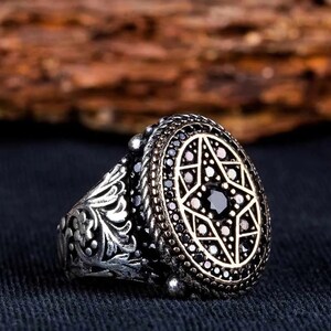 Signet Ring Men Black Zircon,Rings For Men,Statement Ring,Medieval Jewelry,Mens Jewelry,Anniversary Gift,Engraved Silver Ring