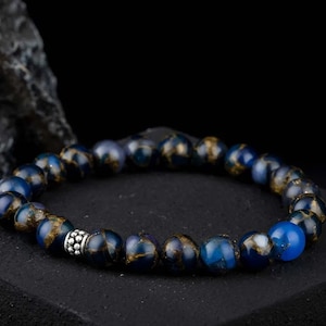 Lapis Lazuli Beaded Elastic Bracelet, Handmade Natural Blue Gemstone Jewelry, Birthday Mens Gifts, Gift for Him, Father&#39;s Day Gift