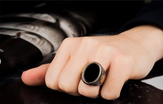 Large Black Onyx Ring Men, Black Gemstone Ring for Men, 925