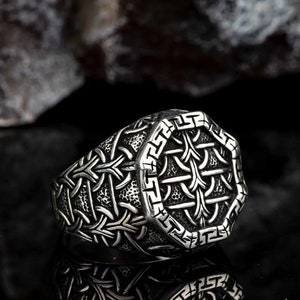 Geometric Silver Mens Rings, Oxidized Knitting Pattern Silver Ring, Unique Birthday Gift, Gift for Him, Dad Gift, Father&#39;s Day Gift