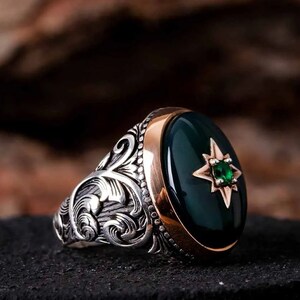 Men Silver Agate Stone Ring, Green Gemstone Ring for Men, Engraved 925 Sterling Silver Ring, Gift for Him, Birthday Gift, Father&#39;s Day Gift
