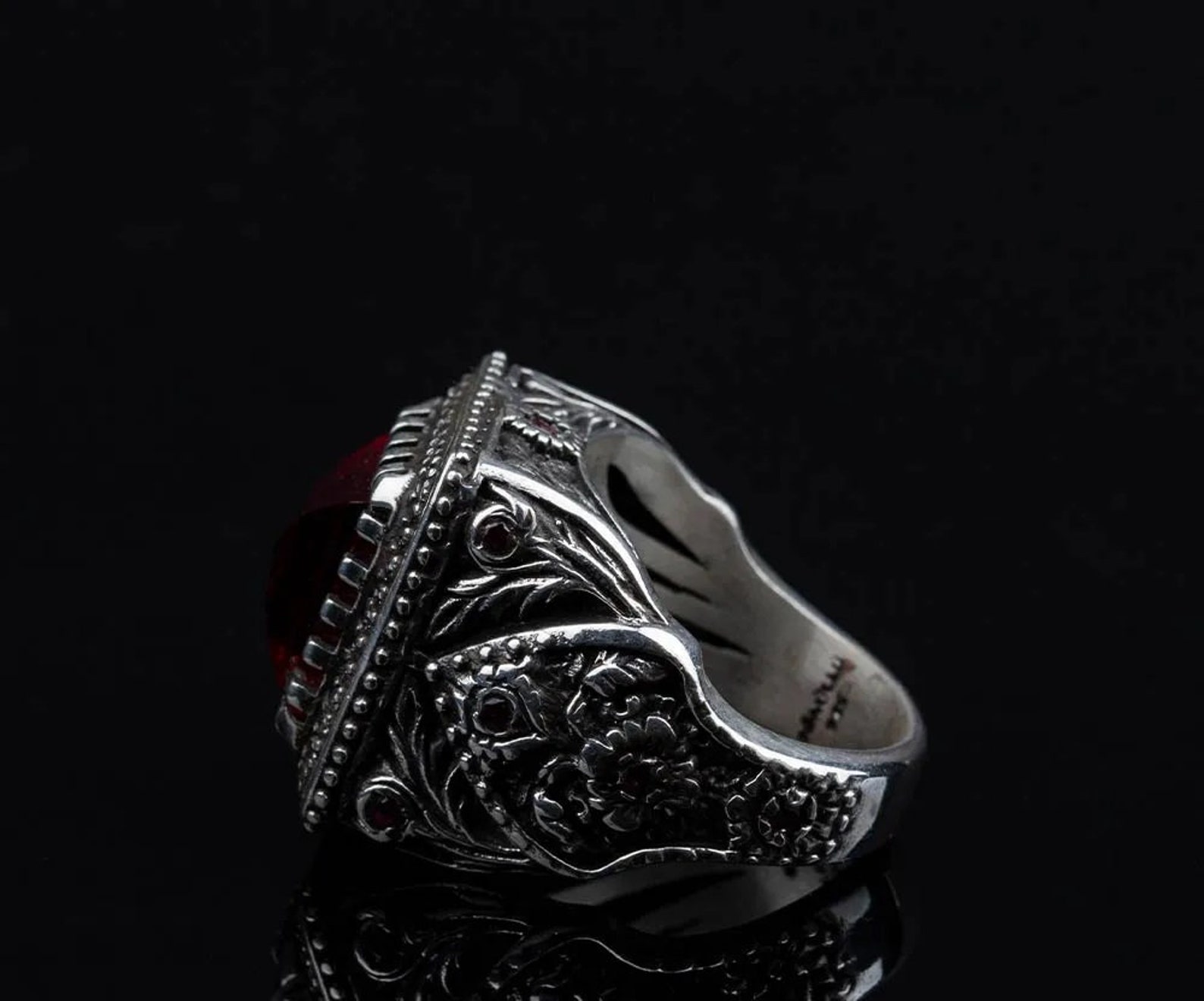 Ottoman Sign Red Ruby Rings for Men, Engraved Ruby Gemstone Mens Ring ...