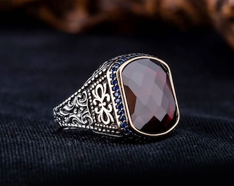 Anello da uomo in argento con rubino, anello da uomo con pietra rossa incisa, anello quadrato fatto a mano, anello importante in argento sterling, regalo per lui, regalo per papà