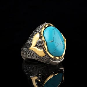 Turquoise Gemstone Silver Statement Ring for Men, Ottoman Sign Engraved Turquoise Ring Men, Handmade  Gemstone Men Ring, Father&#39;s Day Gift
