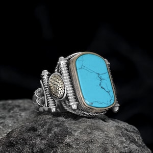 Mens Ottoman Style Turquoise Silver Ring , Engraved Blue Gemstone Ring , 925 Sterling Silver Ring , Gift for Him , Father&#39;s Day Gift