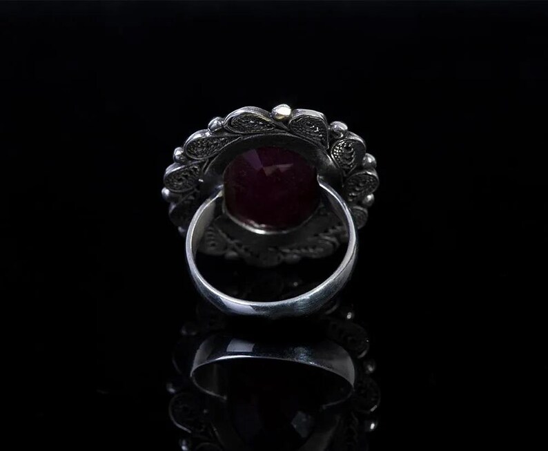 Handcrafted Sterling Silver Ring with Oval Ruby Gemstone,Vintage-Inspired Floral Design, Unique Birthstone Jewelry Gift for Her
