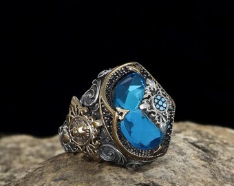Men's Ottoman Aquamarine Silver Ring, Traditional Turkish Handmade Jewelry, Sterling Silver Men's Blue Ring, Gift for Him, Father's Day Gift