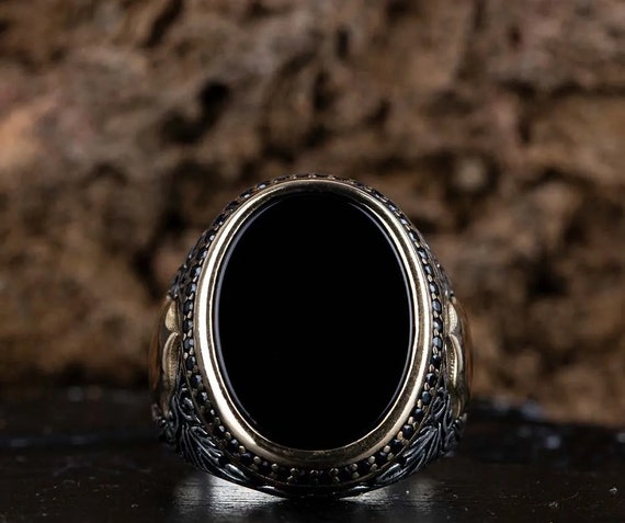 Large Black Onyx Ring Men, Black Gemstone Ring for Men, 925