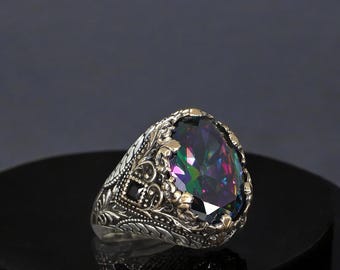Mystic Topaz Men Rings Silver, Multicolor Gemstone Men Ring, 925 Sterling Silver Ring, Statement Ring, Gift for Him, Father's Day Gift