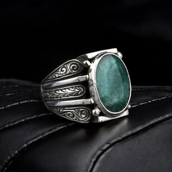 Square Men's Emerald Stone Ring, Gemstone Engraved Turkish Ring, 925 Sterling Silver Statement Ring, Gift for Him, Father's Day Gift