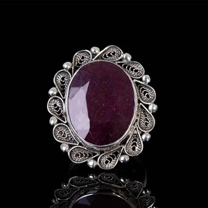 Handcrafted Sterling Silver Ring with Oval Ruby Gemstone,Vintage-Inspired Floral Design, Unique Birthstone Jewelry Gift for Her