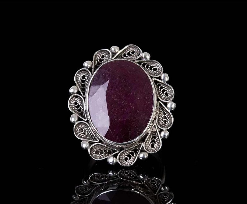 Handcrafted Sterling Silver Ring with Oval Ruby Gemstone,Vintage-Inspired Floral Design, Unique Birthstone Jewelry Gift for Her