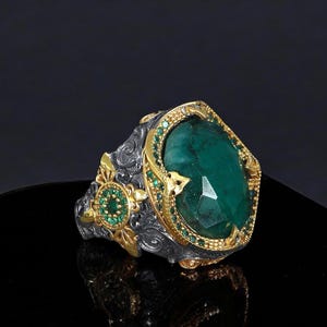 Emerald Statement Men's 925 Silver Ring, Unique  Ottoman Style Engraved Green Emerald Stone Ring for Men, Gift for Him, Father's Day Gift