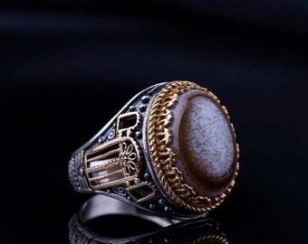 925 Silver Yemeni Agate Mens Ring, Engraved Gemstone 925 Silver Ring, Handmade Aqeeq Stone Ottoman Ring, Gift for Him, Father' Day Gift