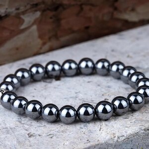 Glossy Hematite Elastic Beaded Bracelet, Handmade Gemstone Men Bracelet, Mens Jewelry, Gift for Him, Unique Ring Gift,  Father&#39;s Day Gift