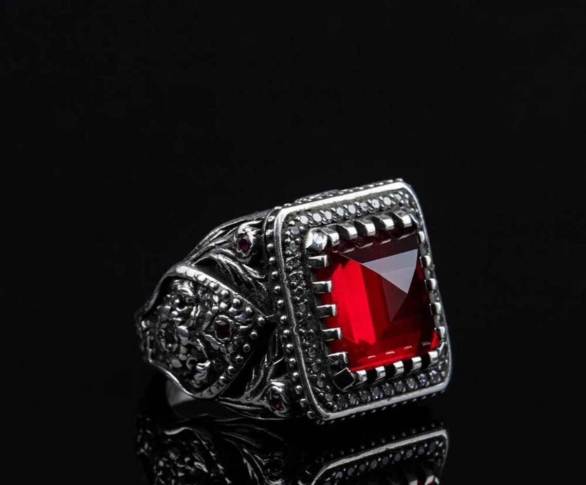 Ottoman Sign Red Ruby Rings for Men, Engraved Ruby Gemstone Mens Ring ...